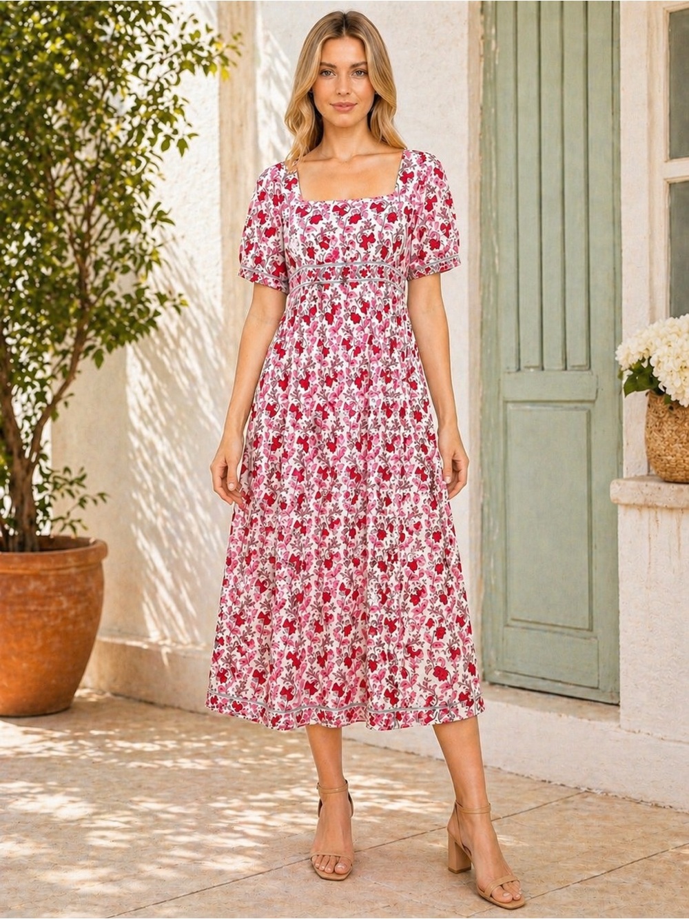 Madison Mathews Floral Empire Waist Midi Dress Cotton Puff Sleeve Red Size XS